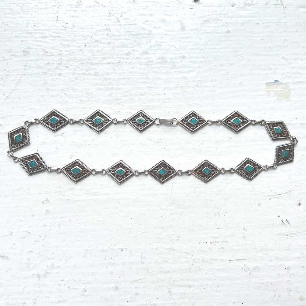 Vintage Southwestern Turquoise Sterling Silver Diamond Shaped Necklace Estate
